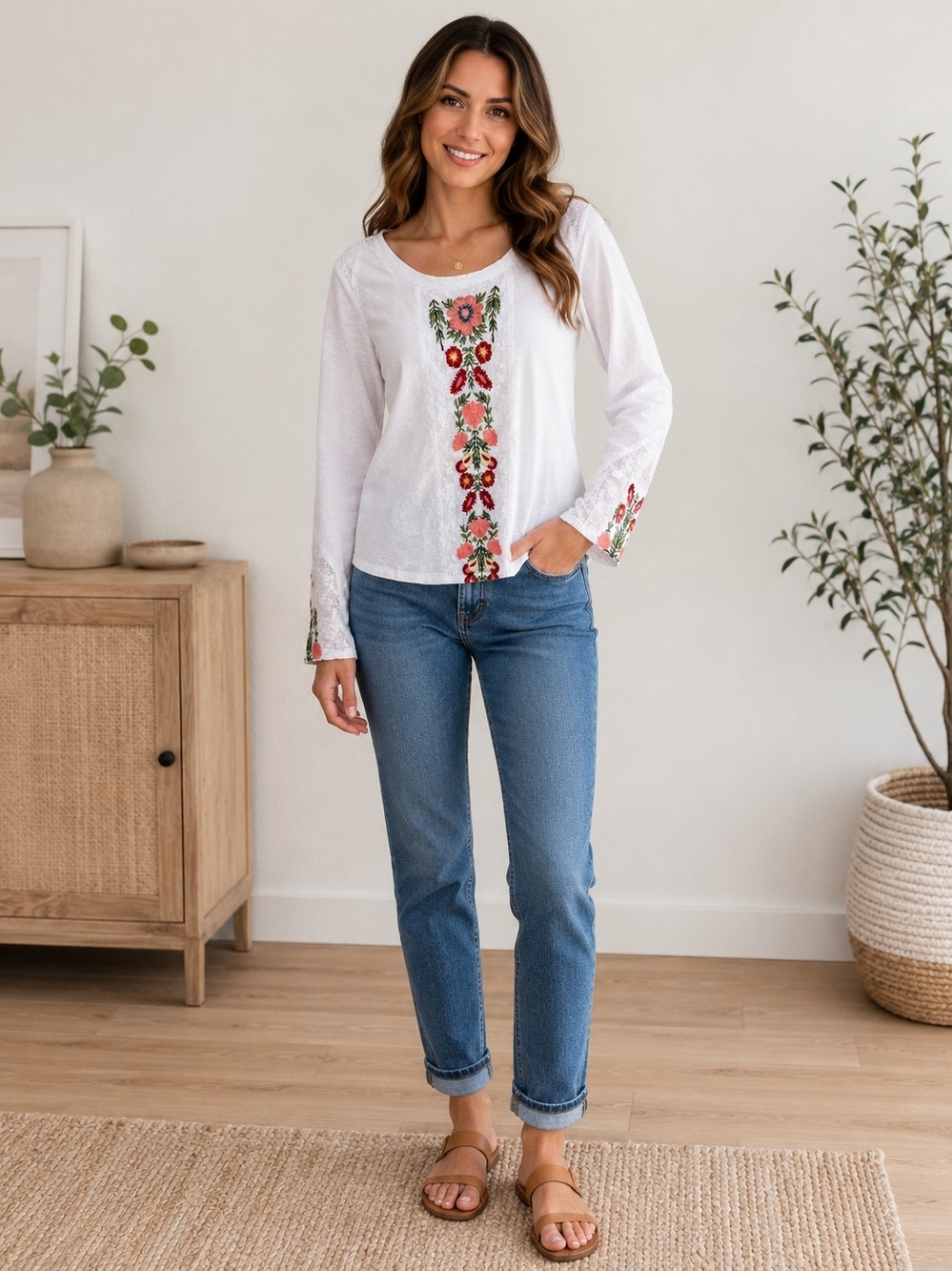 Sundance Size Small White Floral Embroidered 100% Cotton Boho Top